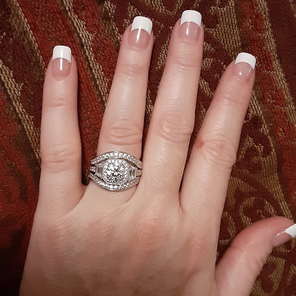 Image Contain: Model Wearing Curved Half Eternity Ring, Halo Ring