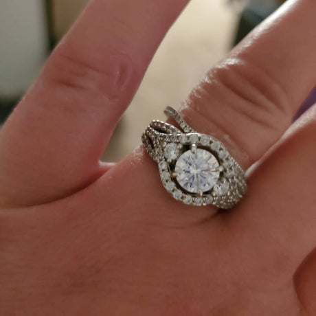 Model Wearing 3-Stone Ring, Wishbone Curved Half Eternity Ring