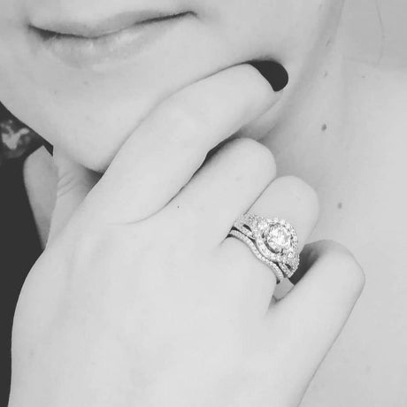 Model Wearing 3-Stone Ring, Wishbone Curved Half Eternity Ring