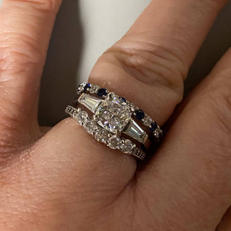 Image Contain: Model Wearing 3-Stone Ring, 5-Stone Curved Half Eternity Ring, Eternity Ring