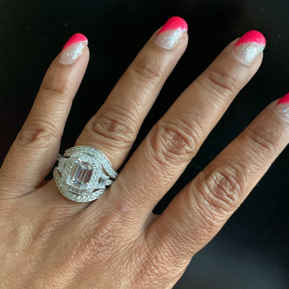 Image Contain: Model Wearing Curved Half Eternity Ring, Halo Ring