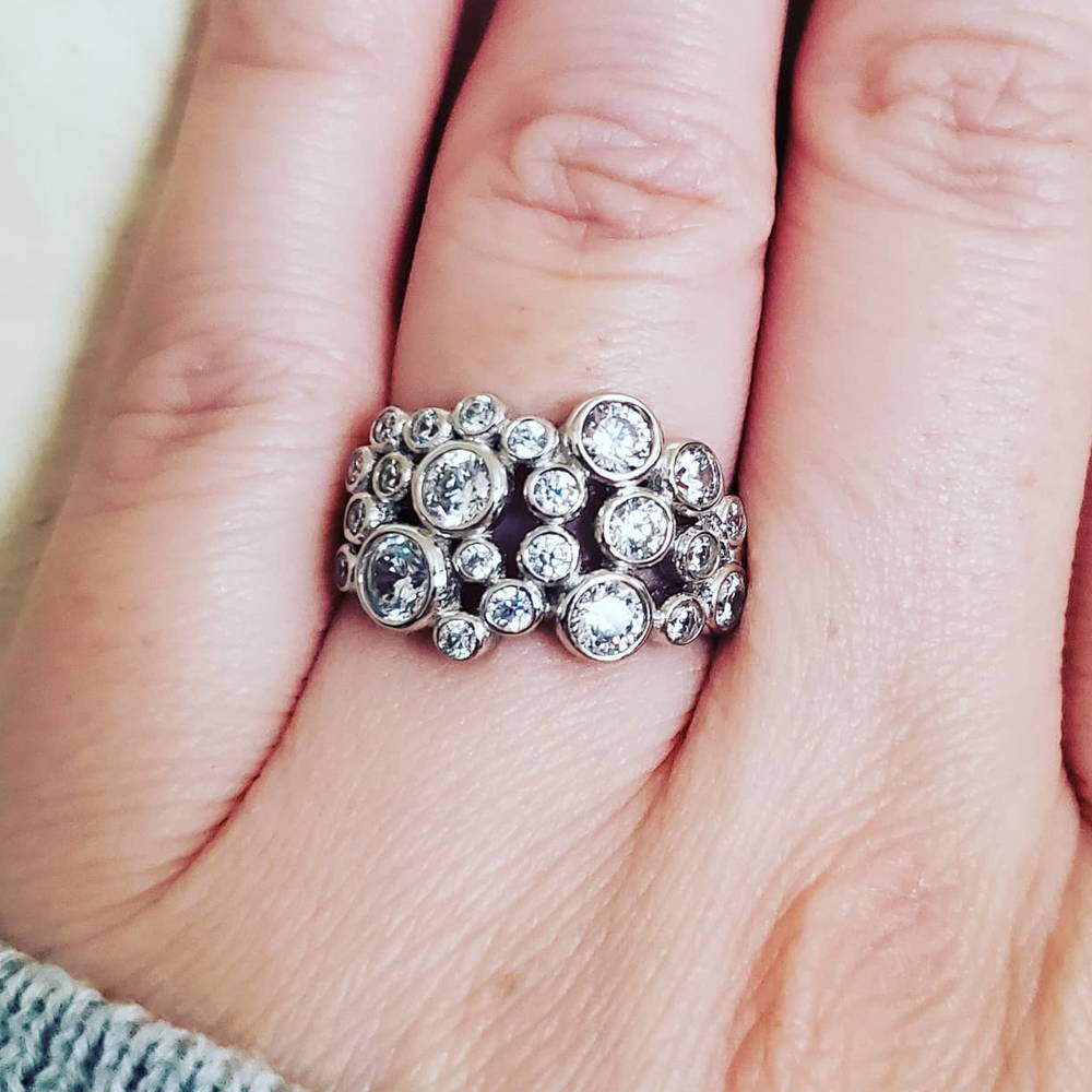 Silver Bubble Bezel Cubic Zirconia Wedding Eternity Ring Set