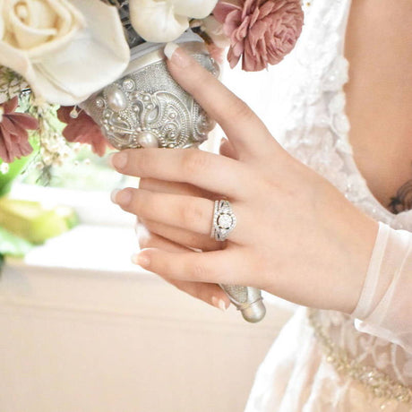 Model Wearing 3-Stone Ring, Wishbone Curved Half Eternity Ring