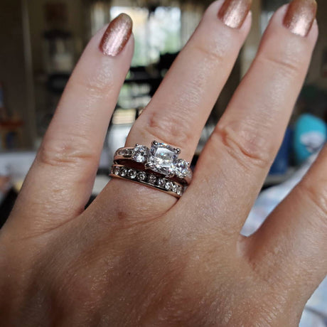 Model Wearing 3-Stone Ring, Curved Half Eternity Ring