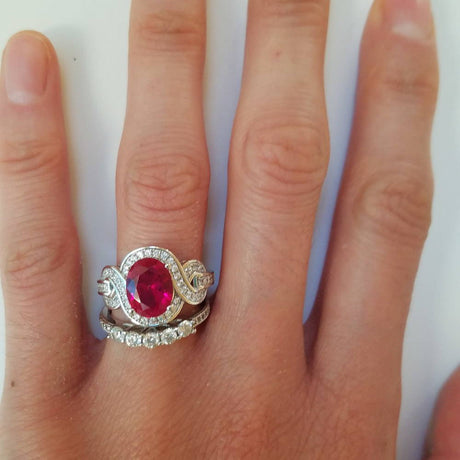 Model Wearing 5-Stone Curved Half Eternity Ring, Solitaire with Side Stones Ring