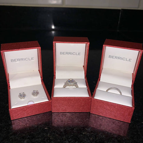 Model Wearing Half Eternity Ring, Halo Stud Earrings, Ring