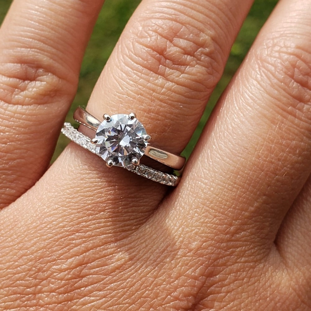 Silver Halo Heart CZ Wedding Engagement Insert Ring Set Silver Halo Heart CZ Wedding Engagement Insert Ring Set