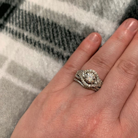 Model Wearing 3-Stone Ring, Wishbone Curved Half Eternity Ring