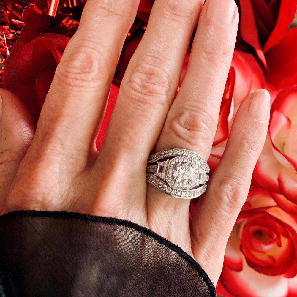 Image Contain: Model Wearing Curved Half Eternity Ring, Halo Ring