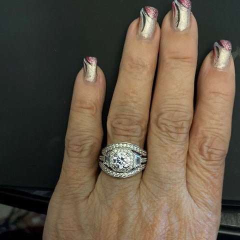 Image Contain: Model Wearing Curved Half Eternity Ring, Halo Ring