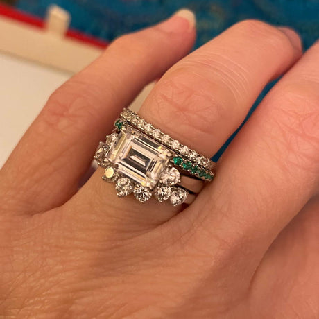 Image Contain: Model Wearing 3-Stone Ring, Curved Half Eternity Ring, Half Eternity Ring