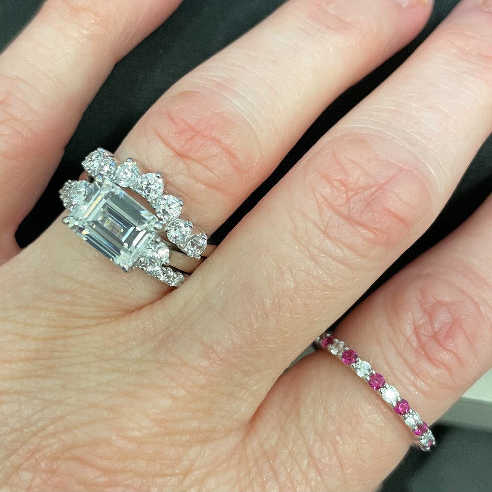 Image Contain: Model Wearing 3-Stone Ring, Curved Half Eternity Ring, Eternity Ring