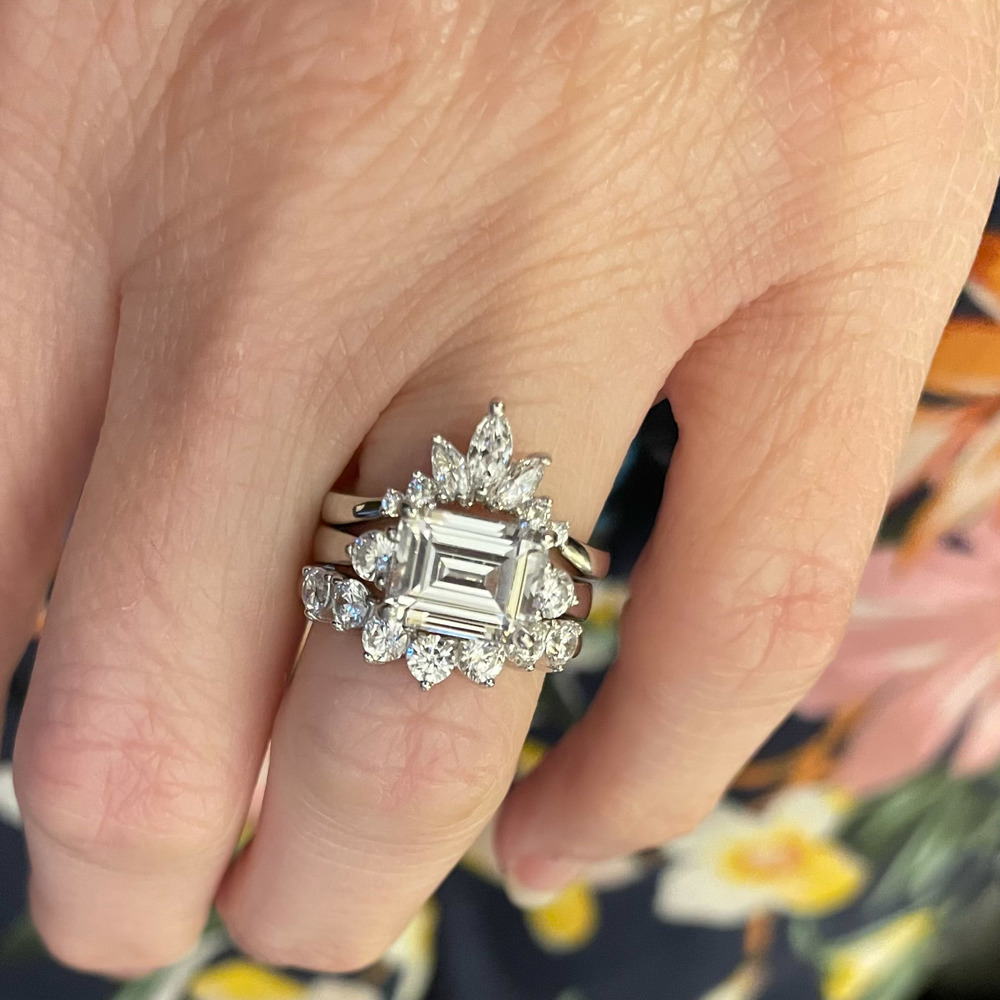 Image Contain: Model Wearing 3-Stone Ring, Curved Half Eternity Ring, Flower Curved Band