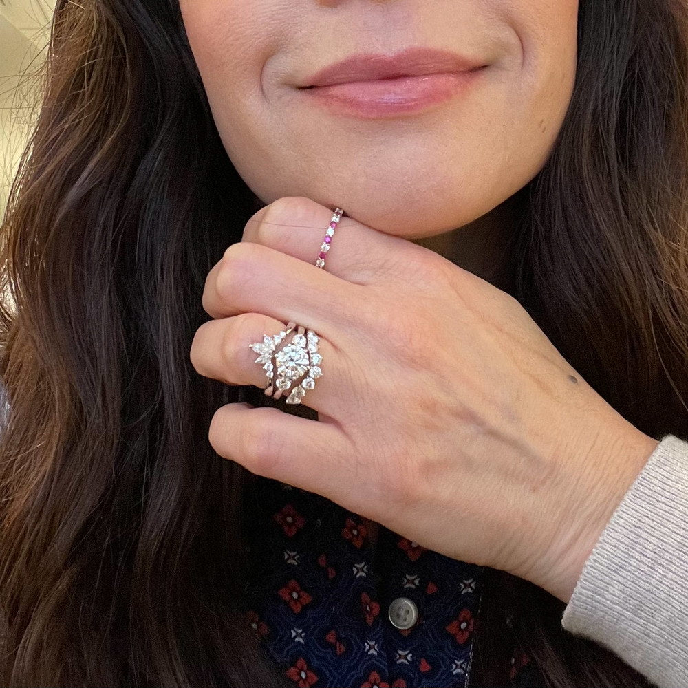 Image Contain: Model Wearing 3-Stone Ring, Curved Half Eternity Ring, Eternity Ring, Flower Curved Band