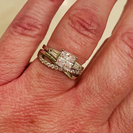 Model Wearing 3-Stone Ring, Infinity Ring