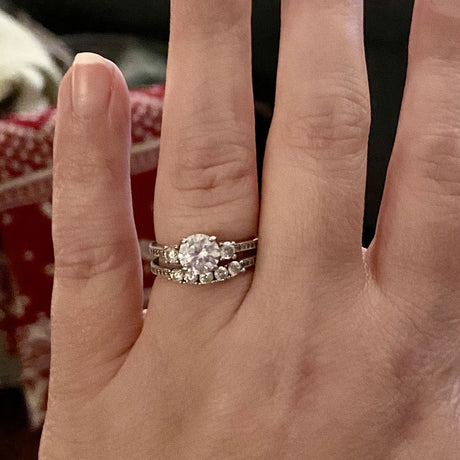 Model Wearing 3-Stone Ring, 5-Stone Curved Half Eternity Ring