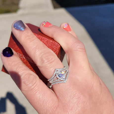 Model Wearing Split Shank Ring, Wishbone Curved Eternity Ring