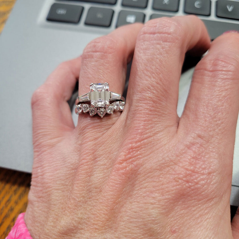 Image Contain: Model Wearing 3-Stone Ring, Curved Half Eternity Ring