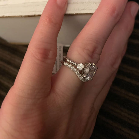 Model Wearing 3-Stone Ring, Woven Curved Half Eternity Ring