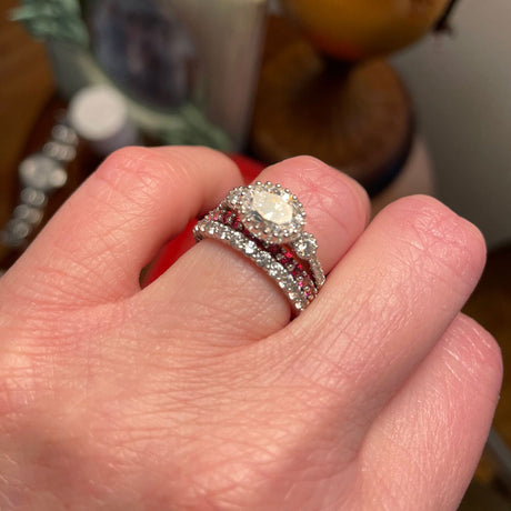 Model Wearing 3-Stone Ring, Eternity Ring, Half Eternity Ring
