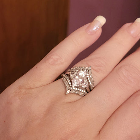 Model Wearing 3-Stone Ring, V Shaped Curved Half Eternity Ring