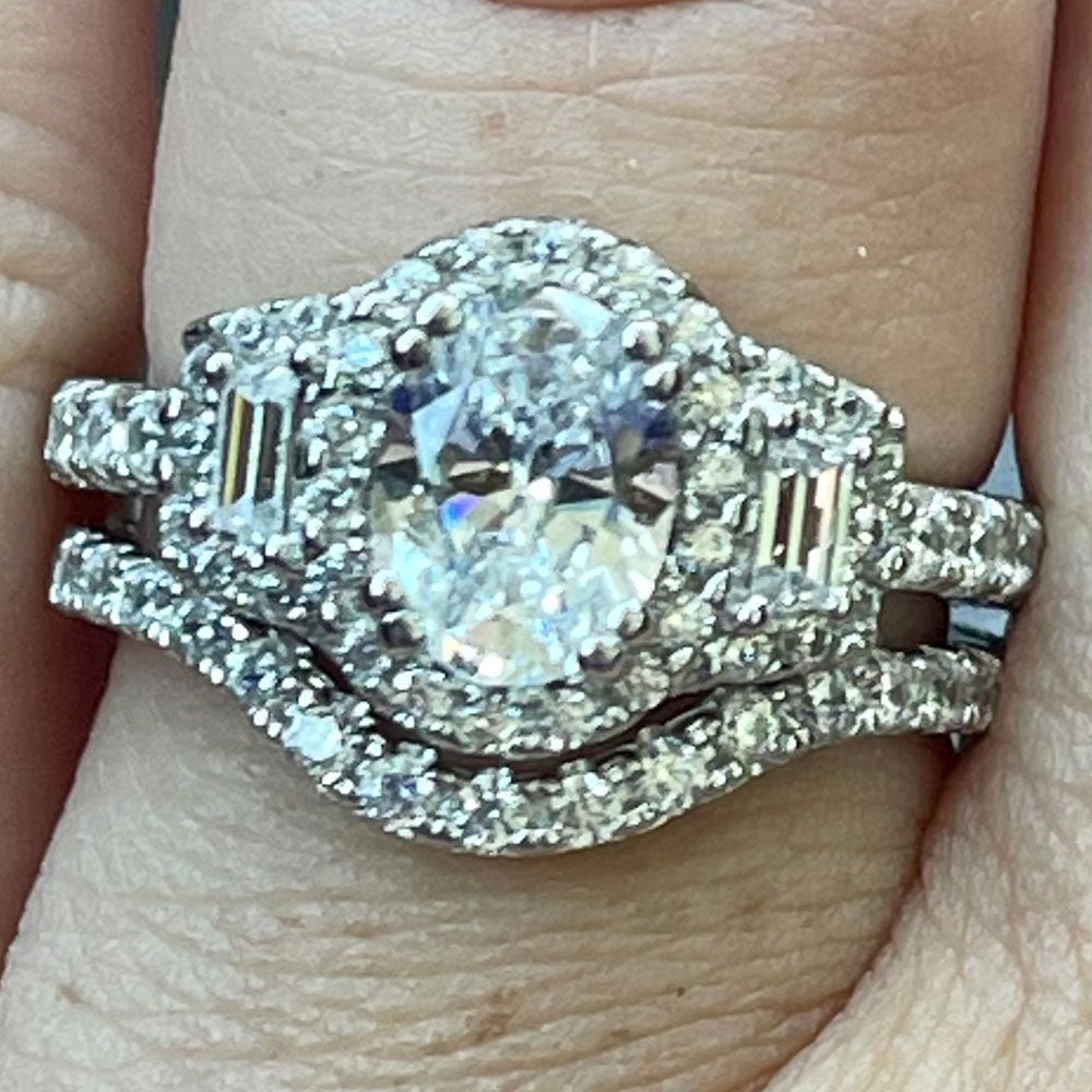 Image Contain: Model Wearing 3-Stone Ring, Wishbone Curved Half Eternity Ring