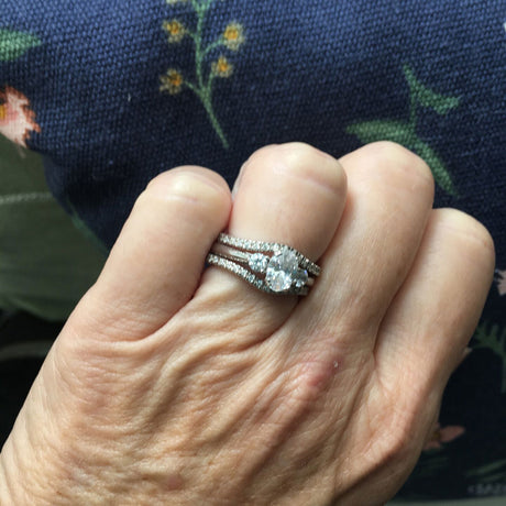 Model Wearing 3-Stone Ring, Wishbone Curved Half Eternity Ring