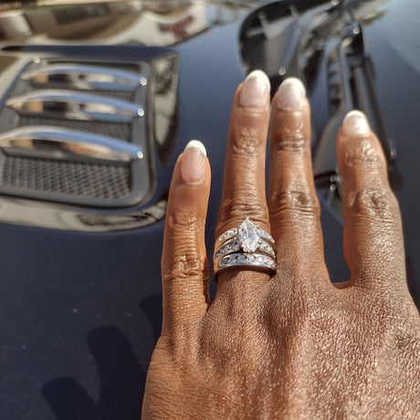 Image Contain: Model Wearing Curved Half Eternity Ring, Solitaire with Side Stones Ring