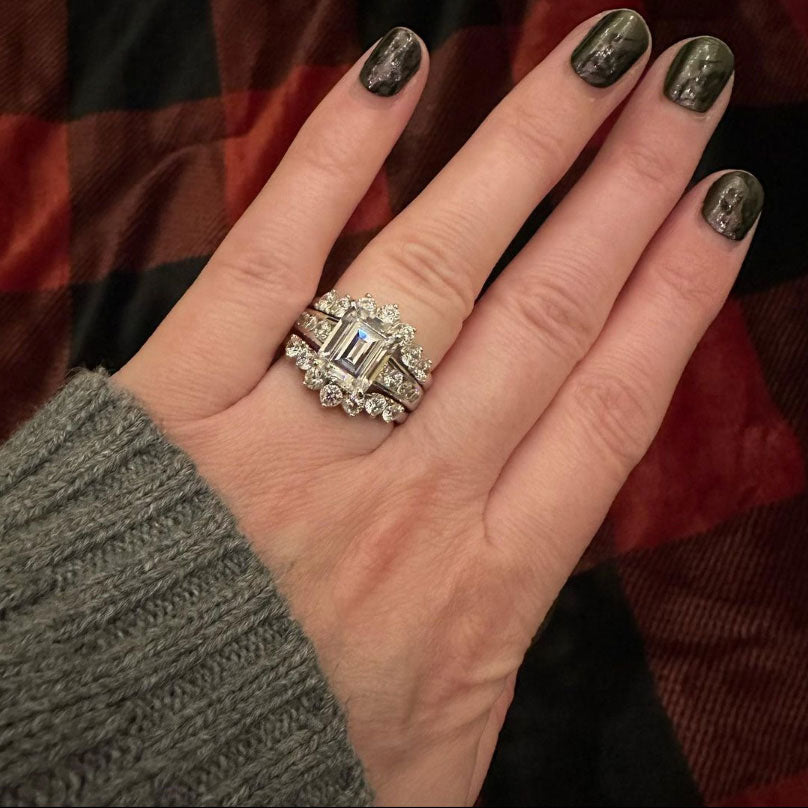 Image Contain: Model Wearing 7-Stone Curved Half Eternity Ring, Solitaire with Side Stones Ring