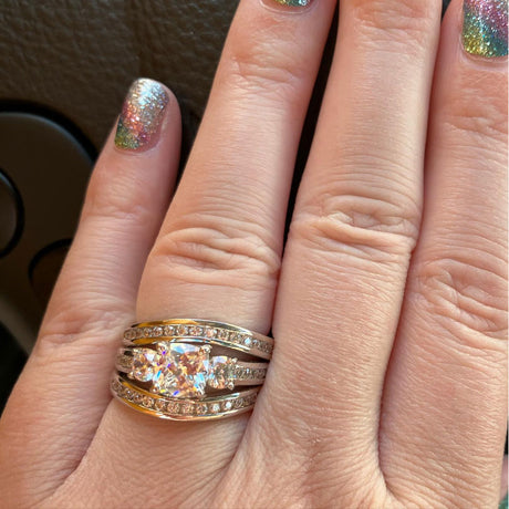 Model Wearing 3-Stone Ring, Curved Half Eternity Ring