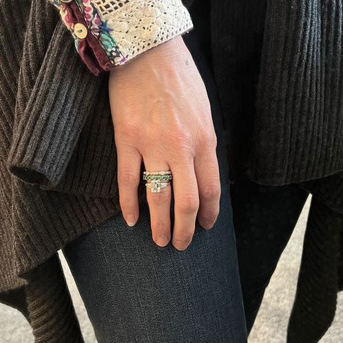 Image Contain: Model Wearing 3-Stone Ring, Art Deco Eternity Ring, Eternity Ring