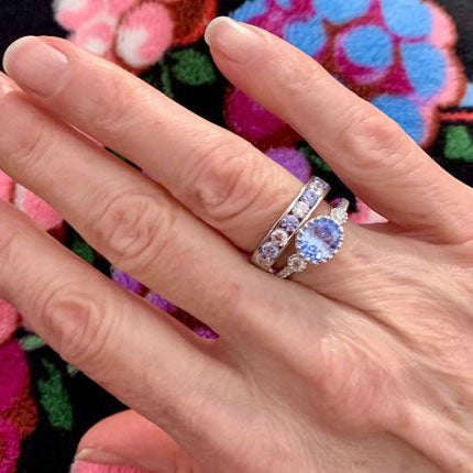 Model Wearing 3-Stone Ring, Half Eternity Ring