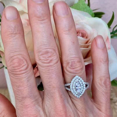 Silver Halo Flower CZ Wedding Engagement Split Shank Ring