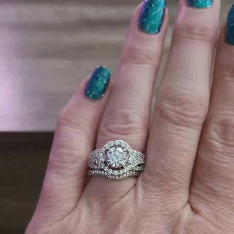 Model Wearing 3-Stone Ring, Wishbone Curved Half Eternity Ring