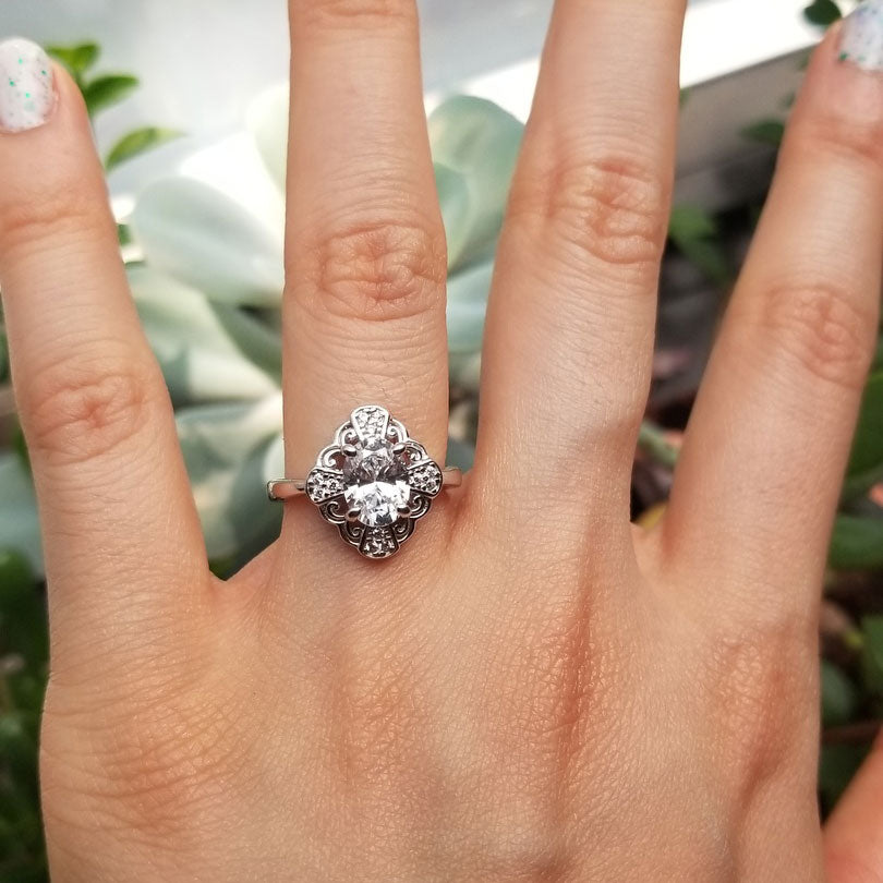 Silver Halo Flower CZ Wedding Engagement Split Shank Ring