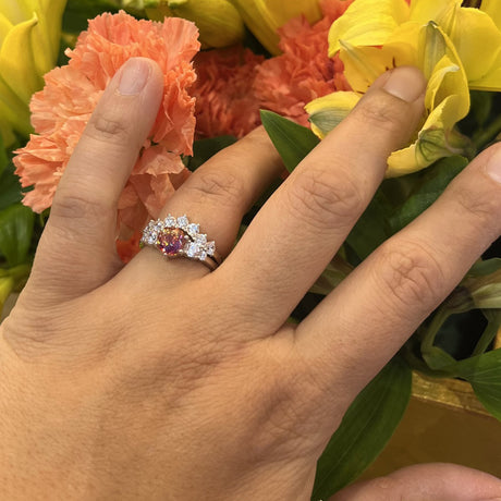 Model Wearing 7-Stone Curved Half Eternity Ring, Solitaire with Side Stones Ring