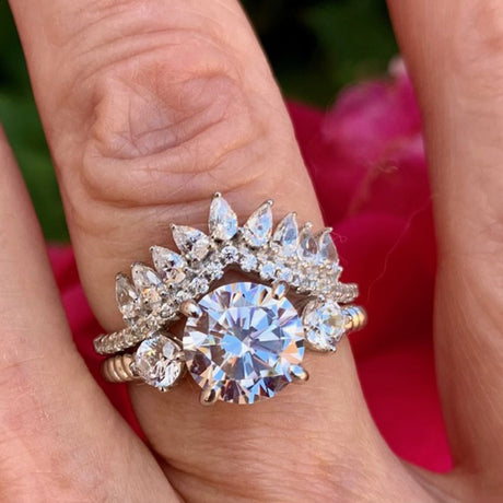 Model Wearing 3-Stone Ring, Wishbone Curved Half Eternity Ring