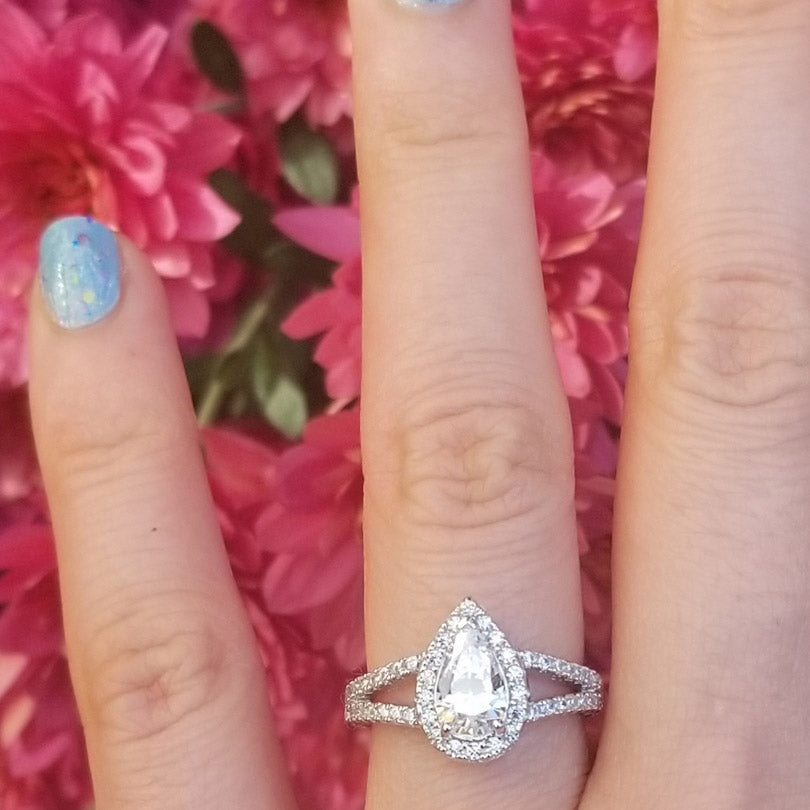 Silver Halo Wishbone Wedding Engagement Split Shank Ring Set