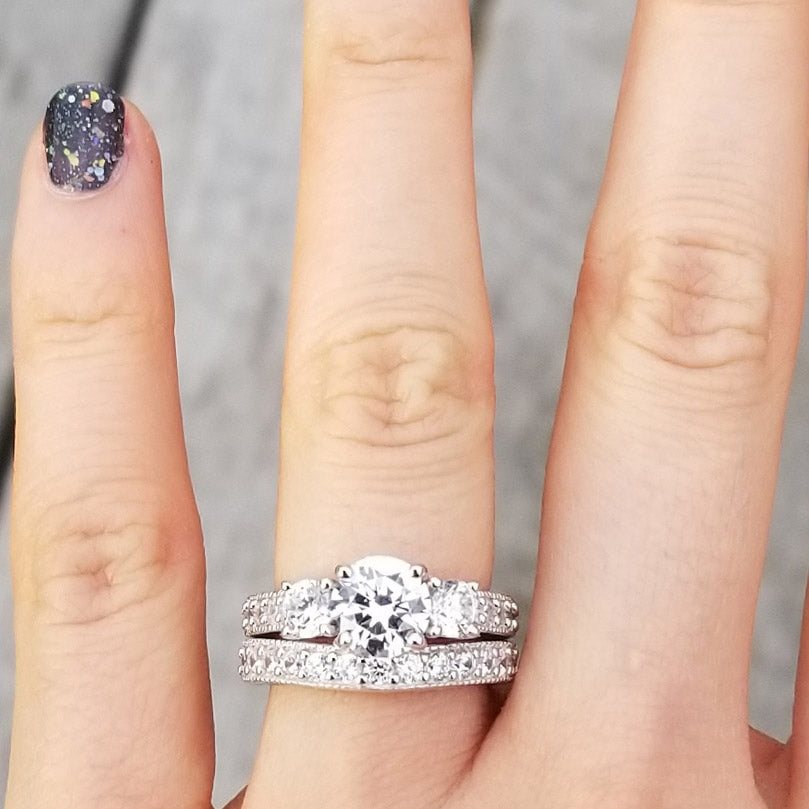 Image Contain: Model Wearing 3-Stone Ring, Curved Half Eternity Ring