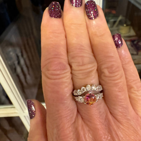 Model Wearing 7-Stone Curved Half Eternity Ring, Solitaire with Side Stones Ring