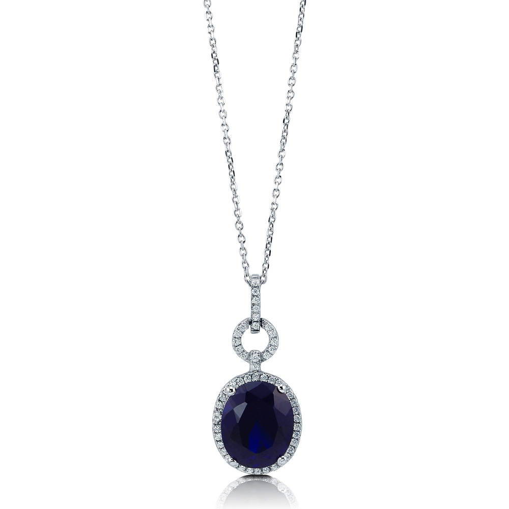 Front view of Halo Simulated Blue Sapphire Oval CZ Necklace in Sterling Silver, 4 of 7