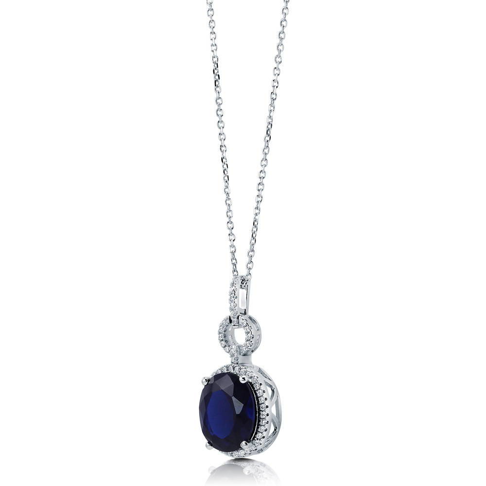 Halo Sapphire-Blue Oval CZ Necklace in Sterling Silver