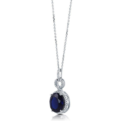 Halo Sapphire-Blue Oval CZ Necklace in Sterling Silver
