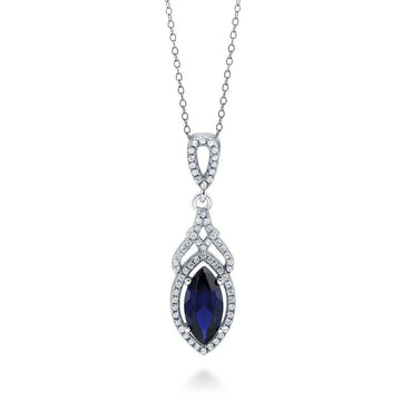 Halo Simulated Blue Sapphire Marquise CZ Necklace in Sterling Silver