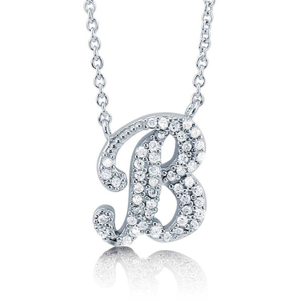 Initial Letter CZ Necklace in Sterling Silver, B