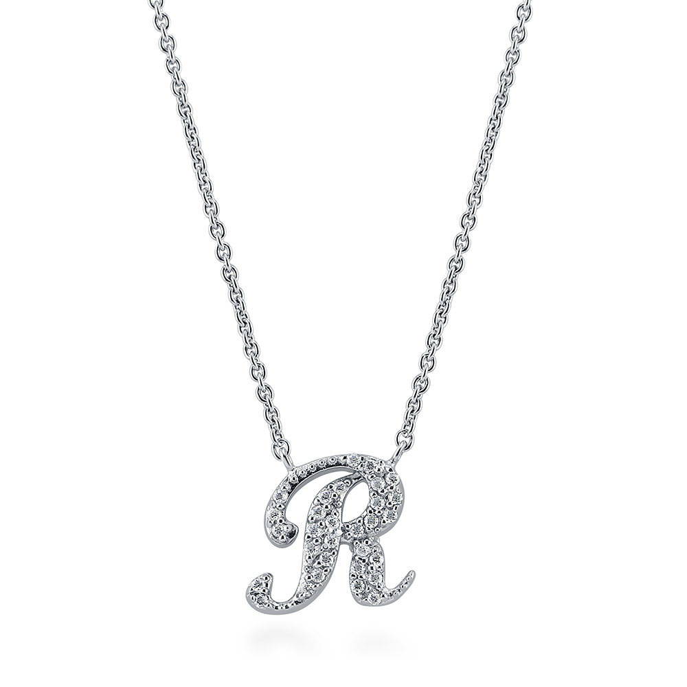 Initial Letter CZ Necklace in Sterling Silver, R