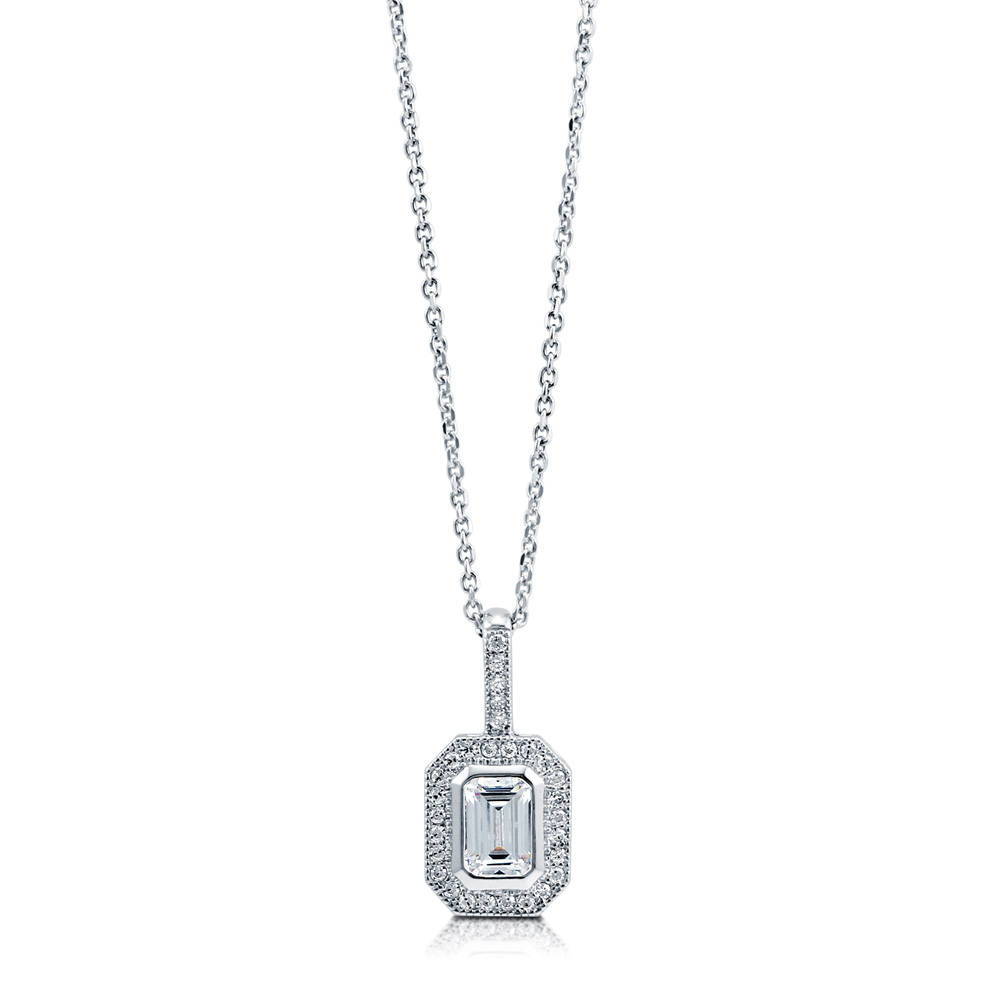 Halo Emerald Cut CZ Pendant Necklace in Sterling Silver