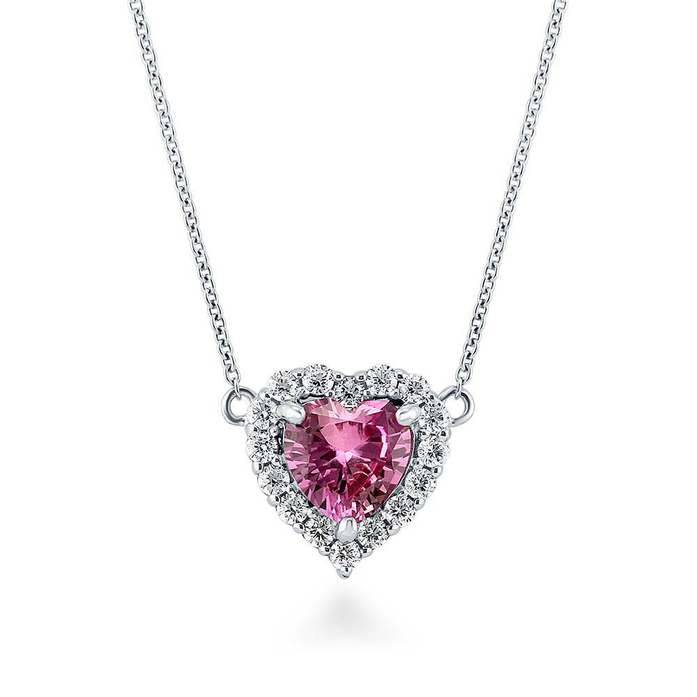 Halo Heart Pink CZ Pendant Necklace in Sterling Silver, 1 of 7