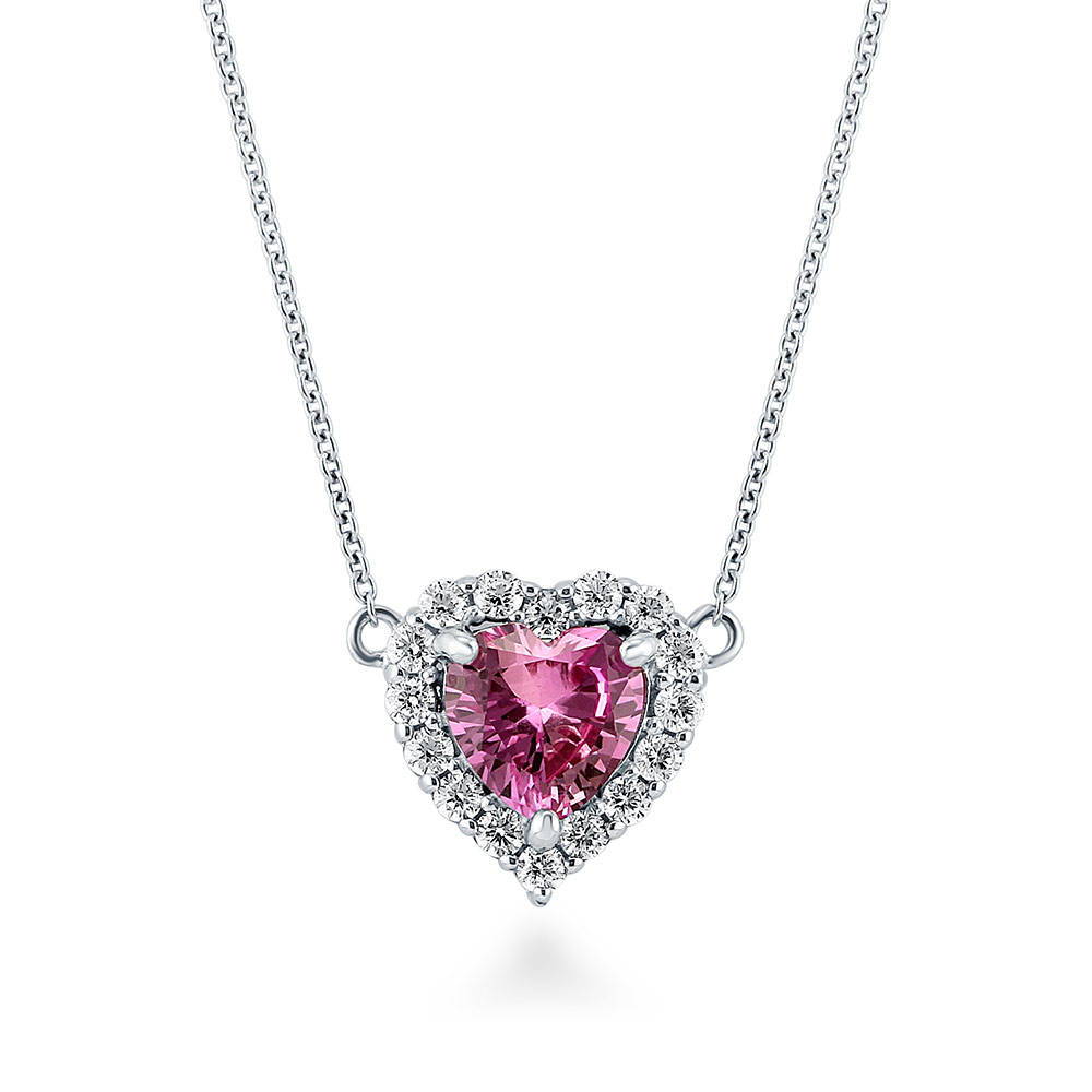 Halo Heart Pink Heart CZ Necklace in Sterling Silver, 1 of 7