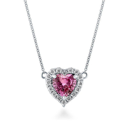 Halo Heart Pink Heart CZ Necklace in Sterling Silver